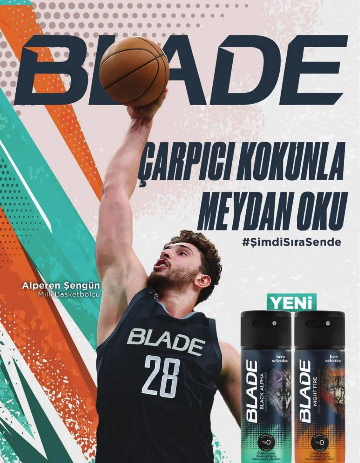 Basketbol topuyla smaç yapan sporcu ve Blade deodorant ürünleri