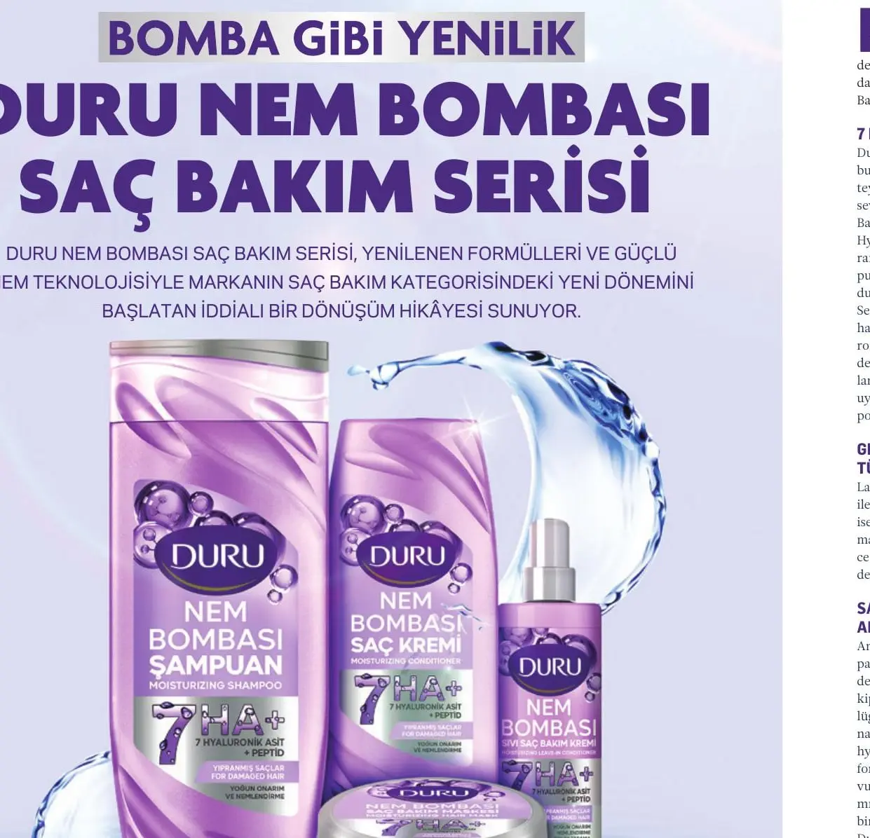 Duru Nem Bombası şampuan ve saç kremi ürünleri su damlaları içinde