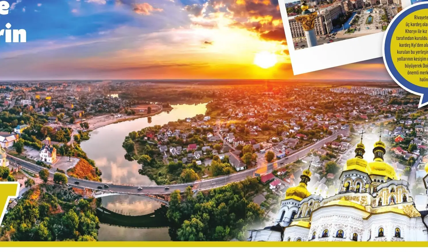 Gün batımında Kiev'in altın kubbeli manastırı ve Dinyeper nehri